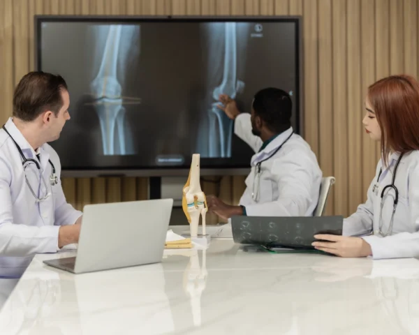 Doctors reviewing knee X-rays on screen.