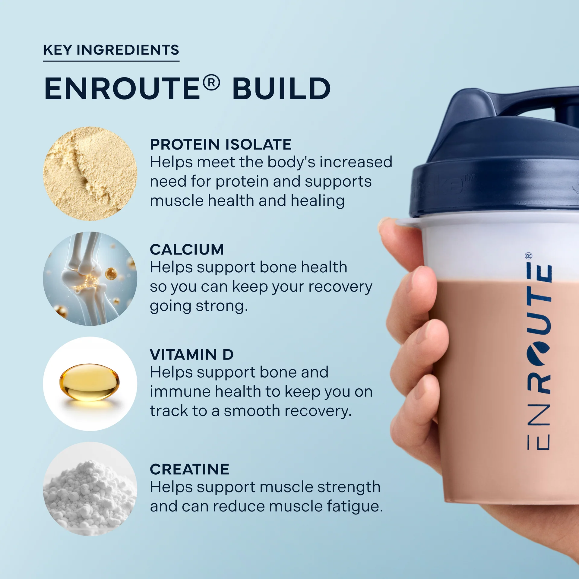 Hand holding ENROUTE Build protein shaker